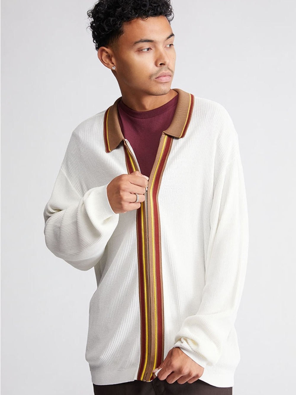 Pacsun Men’s Cream Knit Zip-Front Sweater with Contrast Stripe Collar